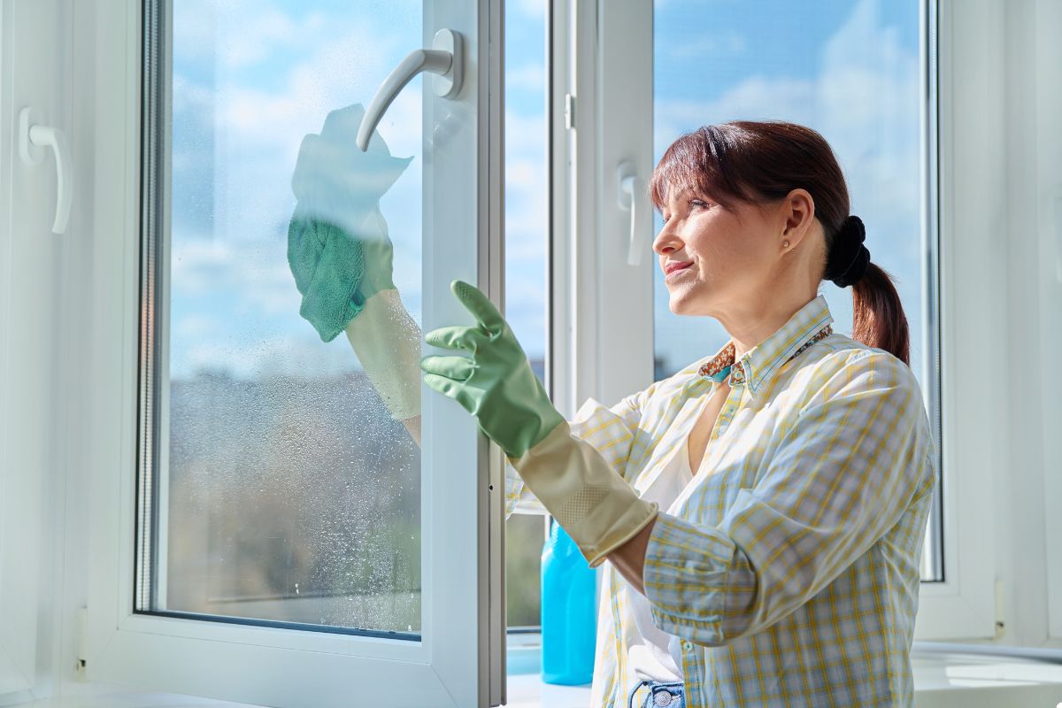 A woman in a yellow shirt and gloves diligently cleaning a window, ensuring a clear and spotless view.