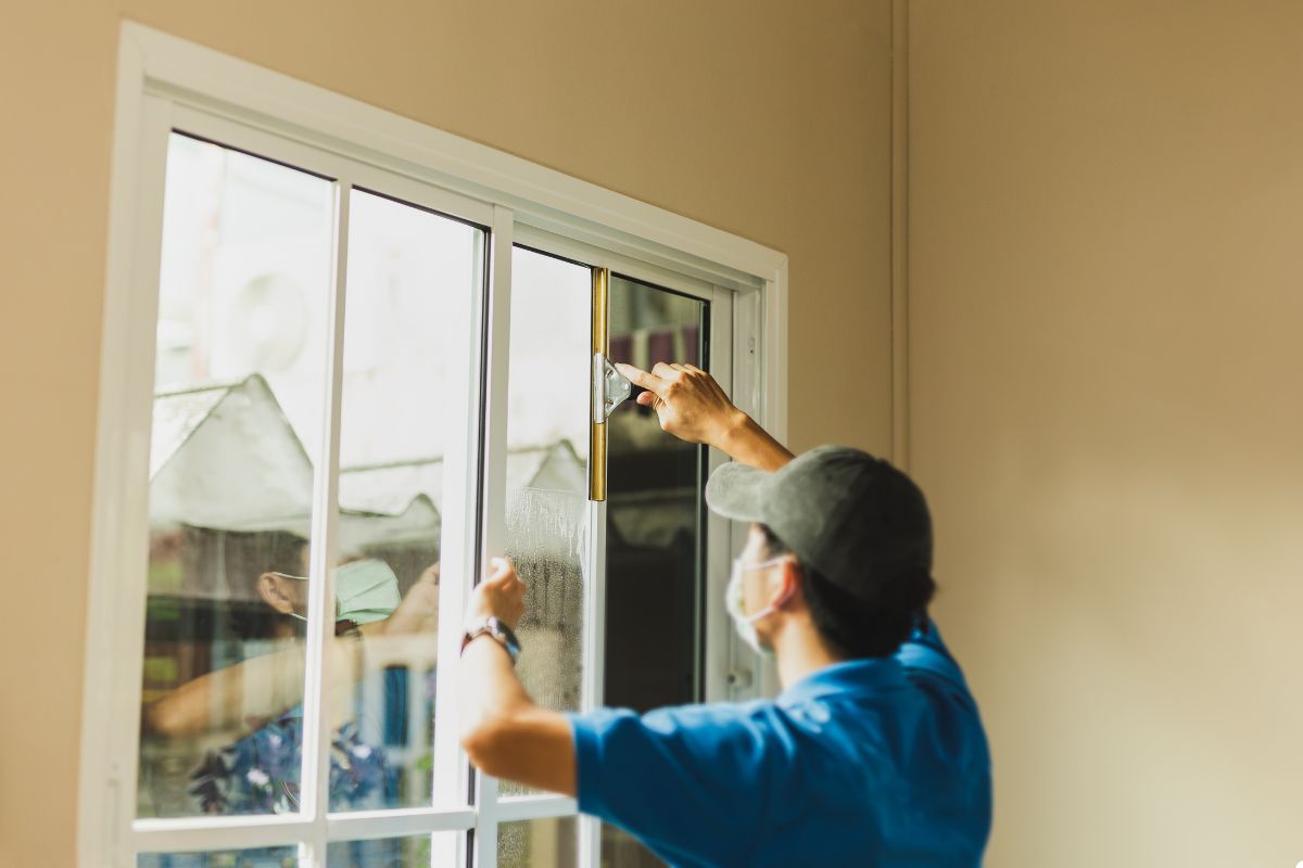 A man applies clean to a window, focusing intently on his task with a brush in hand.