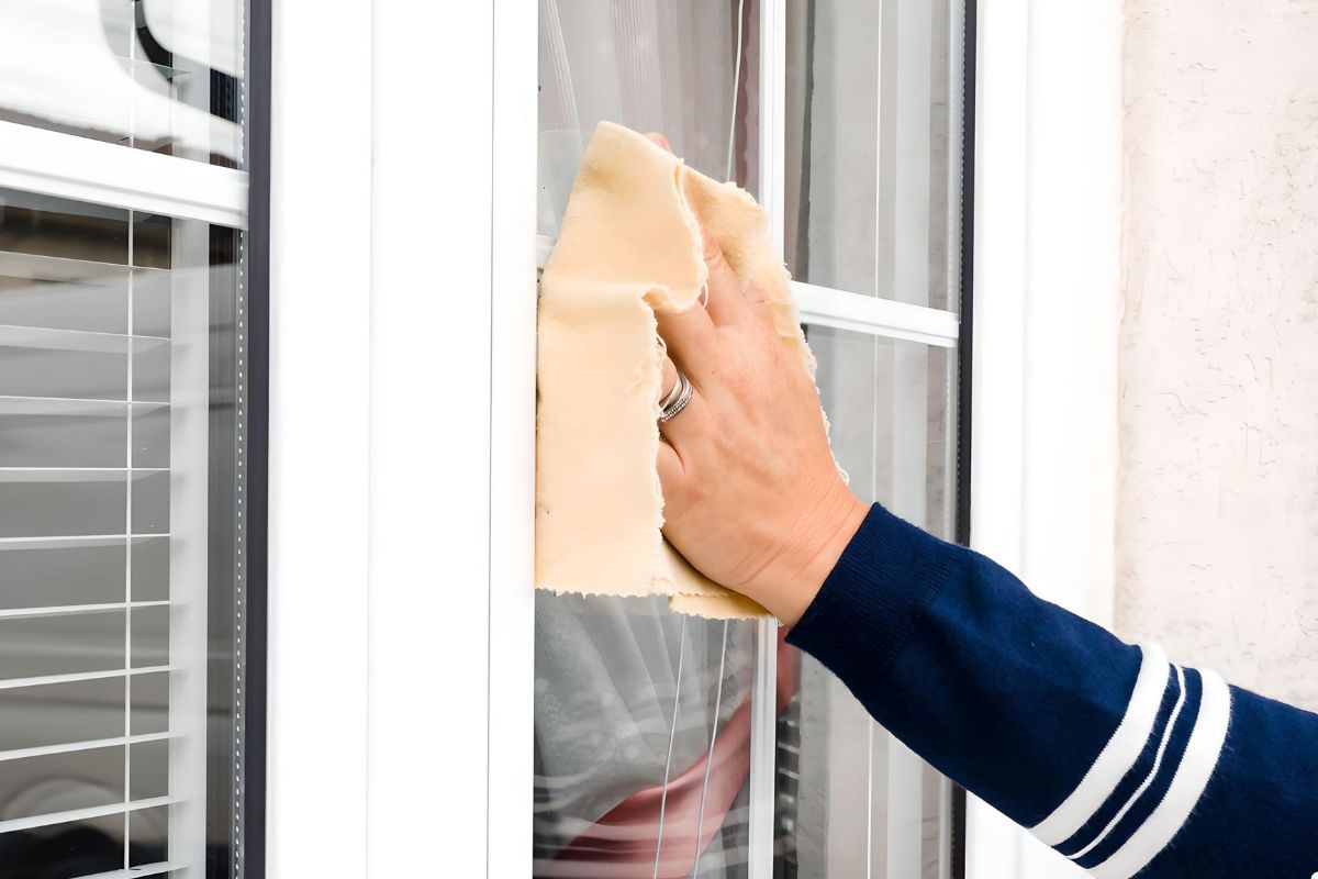 An individual using a cloth to clean a window, focusing on achieving a streak-free shine.