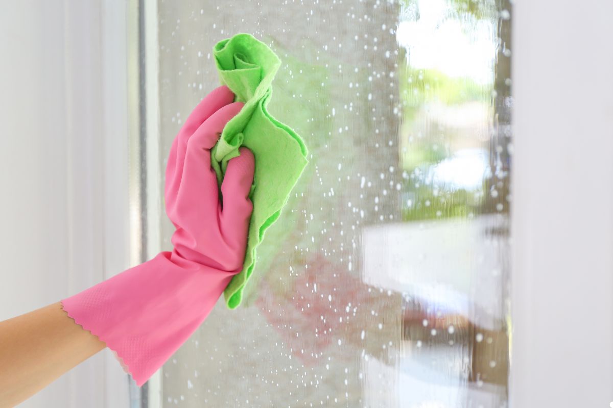 A person wearing pink gloves is cleaning a window with a cloth, focusing on removing dirt and smudges.